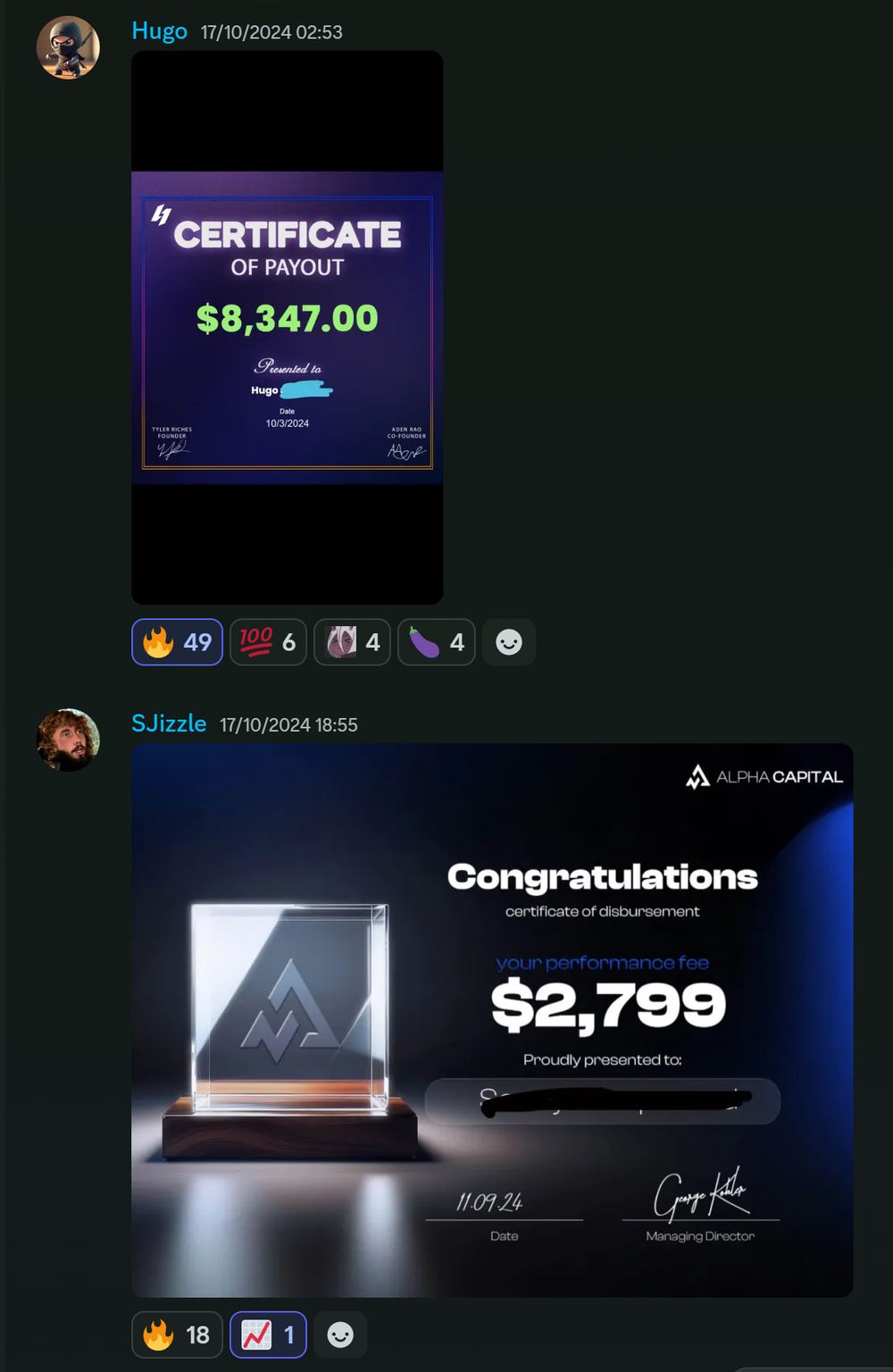 Member result posted in the Discord